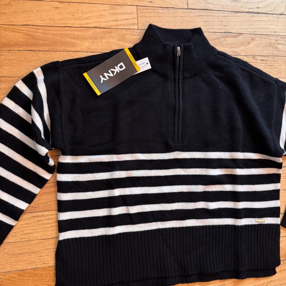 DKNY Womens Striped Quarter Zip Sweater Black White Mock Neck Medium NWT - Picture 3 of 7